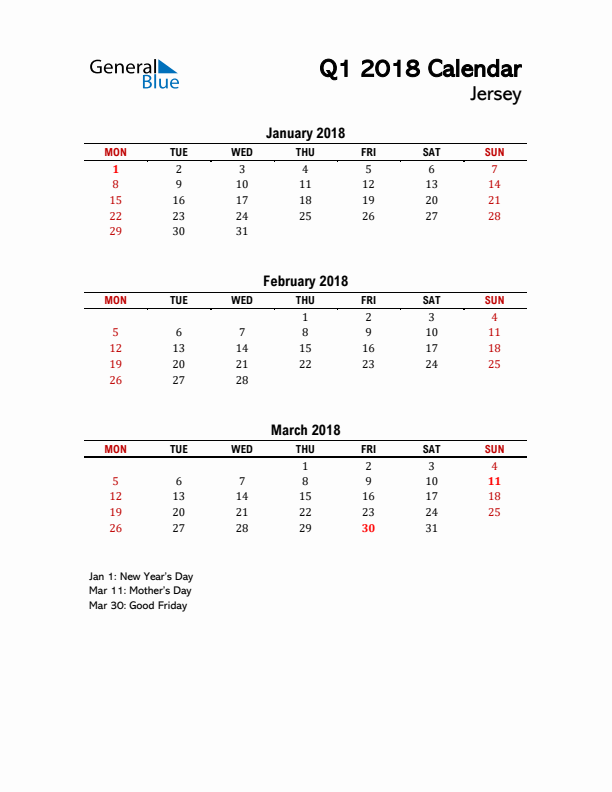 2018 Q1 Calendar with Holidays List for Jersey