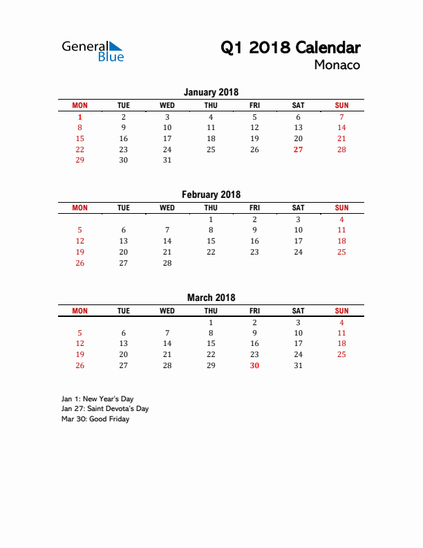 2018 Q1 Calendar with Holidays List for Monaco