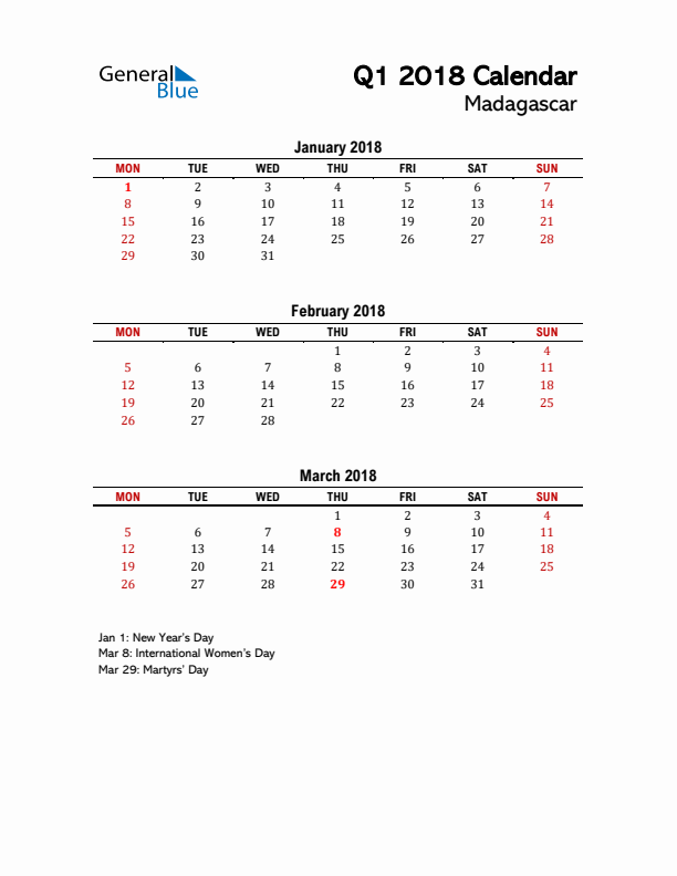 2018 Q1 Calendar with Holidays List for Madagascar