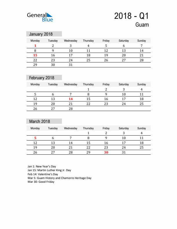 Guam Quarter 1 2018 Calendar with Holidays