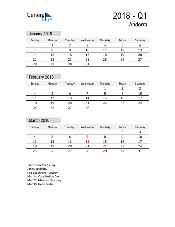 Andorra Quarter 1 2018 Calendar with Holidays