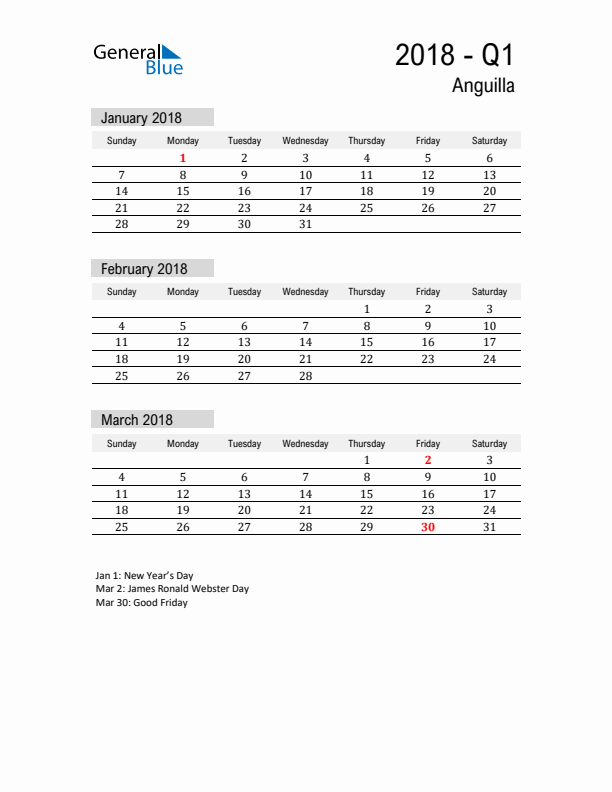Anguilla Quarter 1 2018 Calendar with Holidays