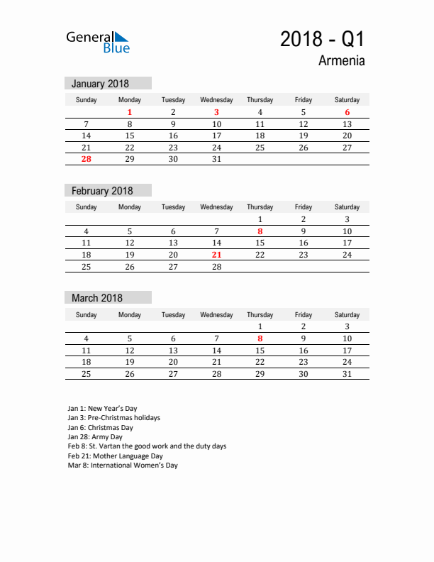 Armenia Quarter 1 2018 Calendar with Holidays