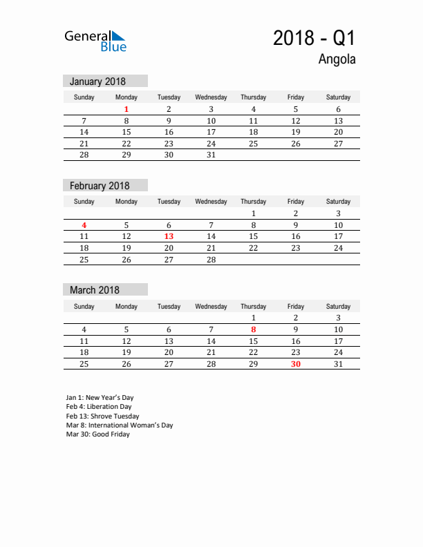 Angola Quarter 1 2018 Calendar with Holidays