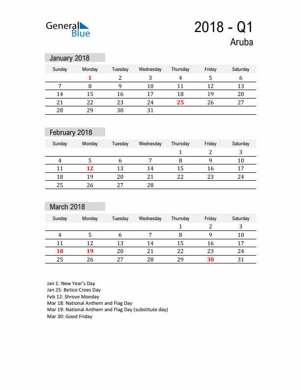 Aruba Quarter 1 2018 Calendar with Holidays