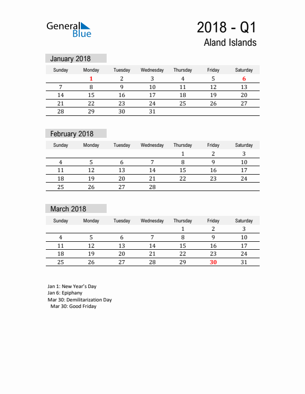 Aland Islands Quarter 1 2018 Calendar with Holidays