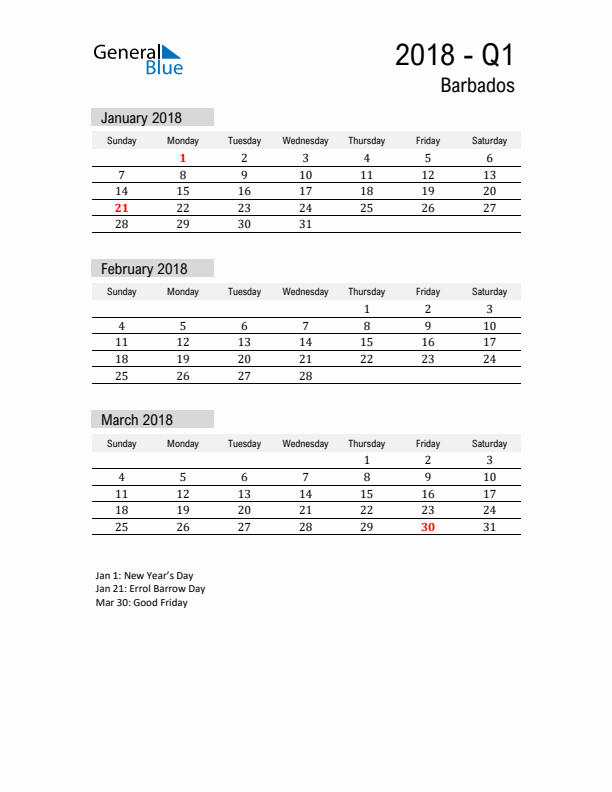 Barbados Quarter 1 2018 Calendar with Holidays