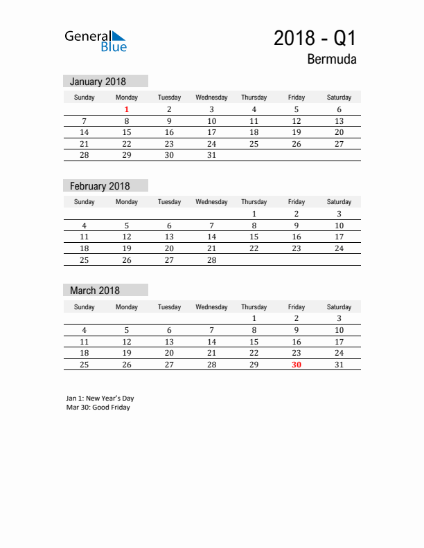 Bermuda Quarter 1 2018 Calendar with Holidays