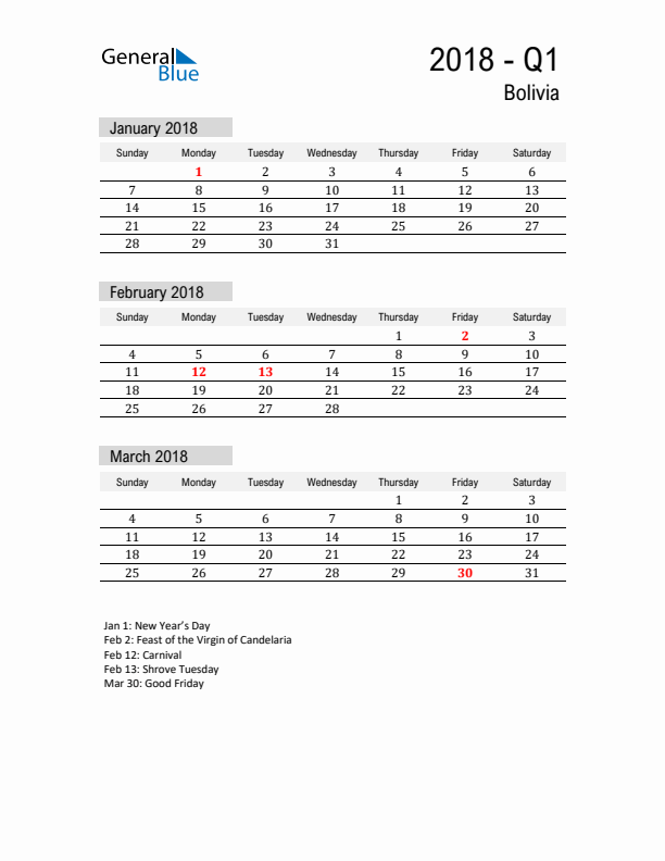 Bolivia Quarter 1 2018 Calendar with Holidays