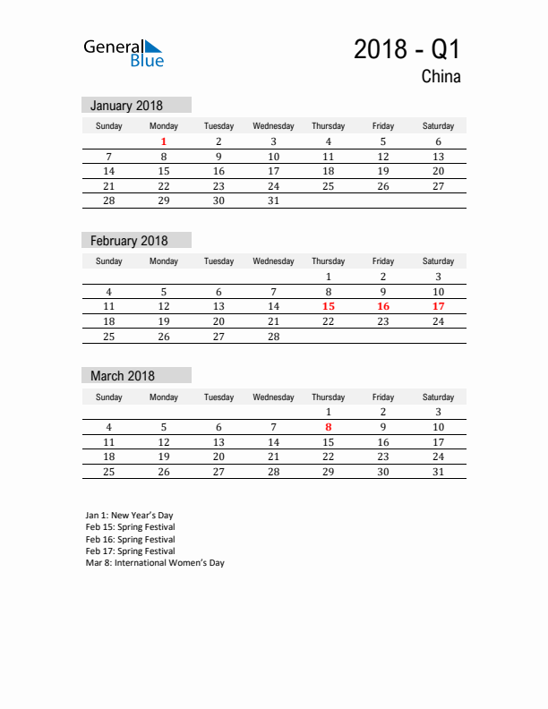China Quarter 1 2018 Calendar with Holidays