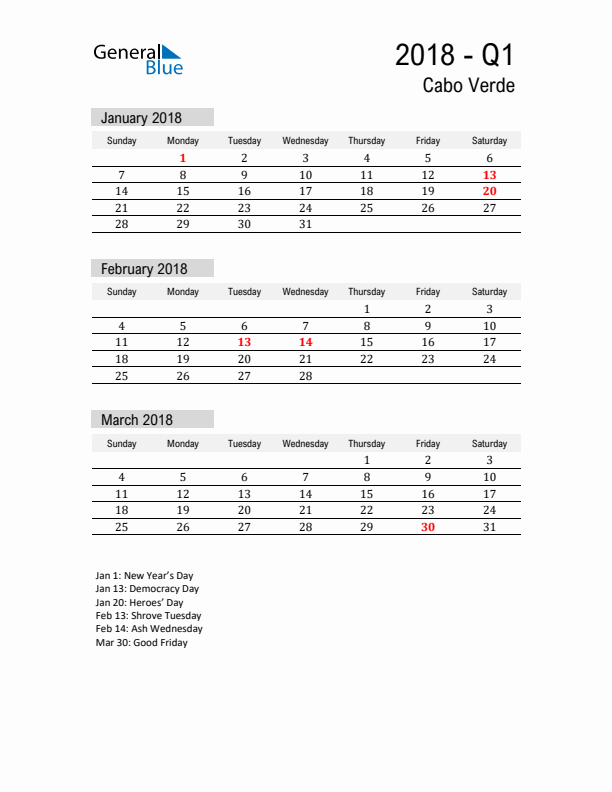 Cabo Verde Quarter 1 2018 Calendar with Holidays
