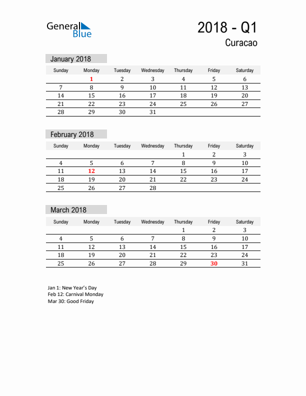 Curacao Quarter 1 2018 Calendar with Holidays