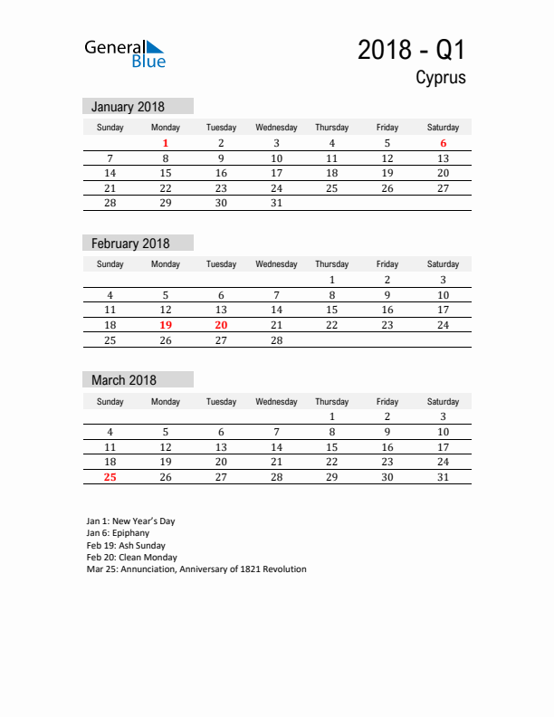 Cyprus Quarter 1 2018 Calendar with Holidays