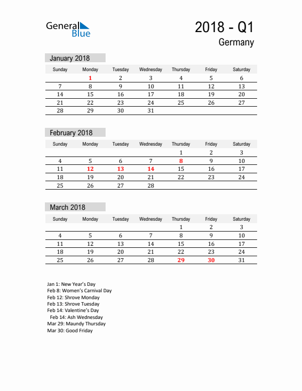 Germany Quarter 1 2018 Calendar with Holidays