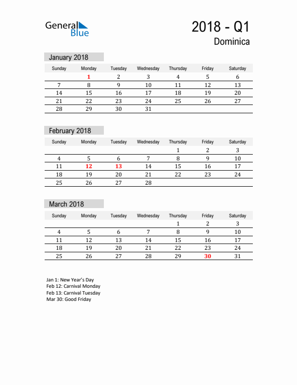 Dominica Quarter 1 2018 Calendar with Holidays