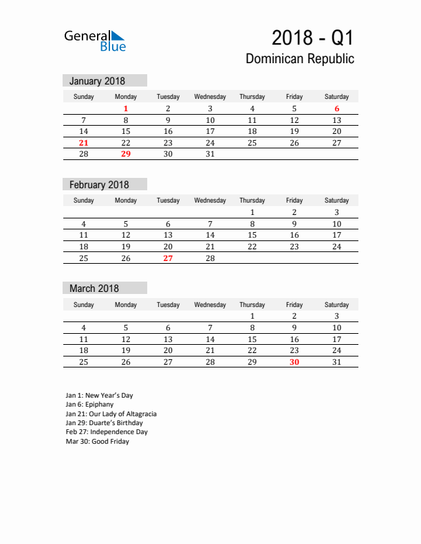 Dominican Republic Quarter 1 2018 Calendar with Holidays