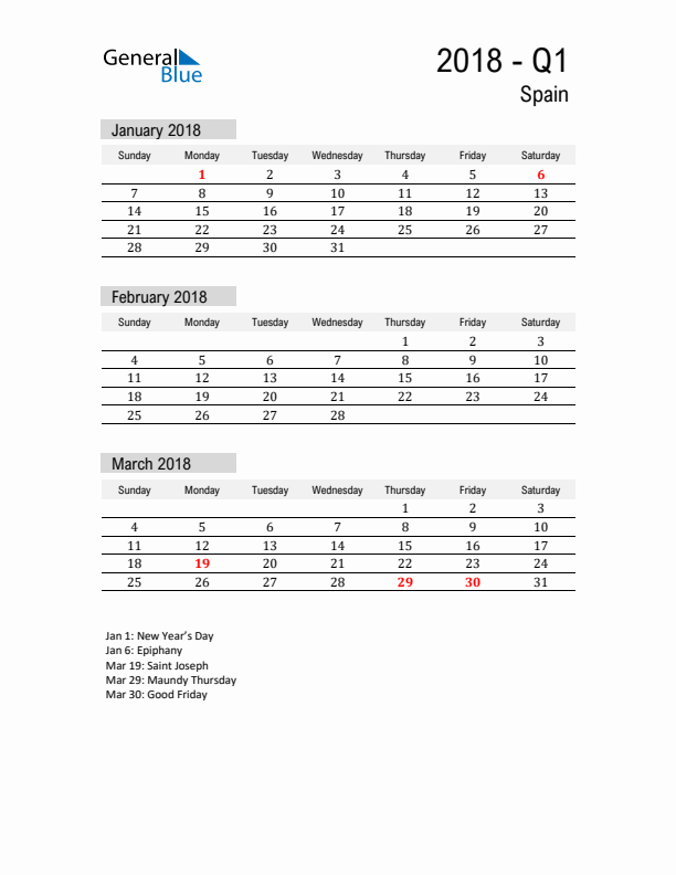 Spain Quarter 1 2018 Calendar with Holidays
