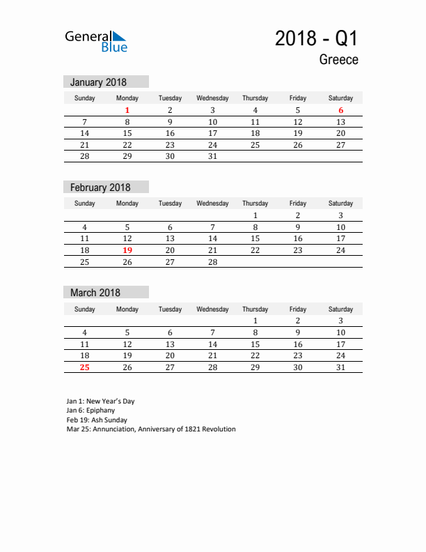 Greece Quarter 1 2018 Calendar with Holidays