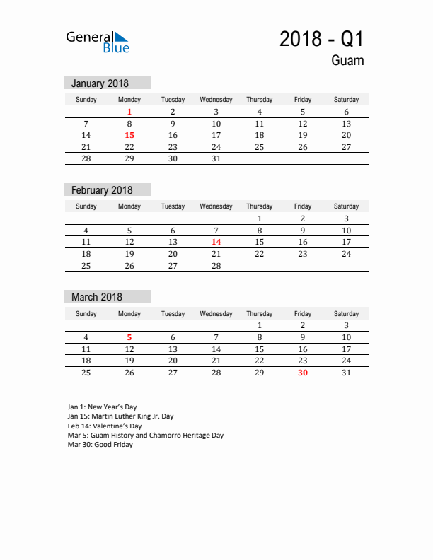 Guam Quarter 1 2018 Calendar with Holidays