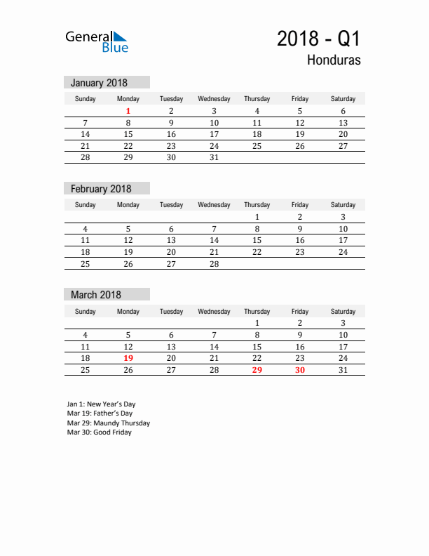 Honduras Quarter 1 2018 Calendar with Holidays
