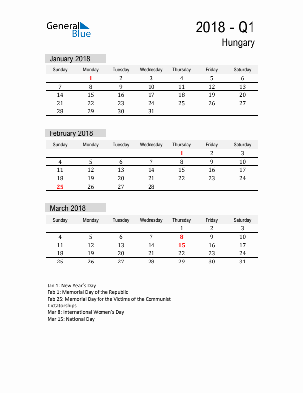 Hungary Quarter 1 2018 Calendar with Holidays
