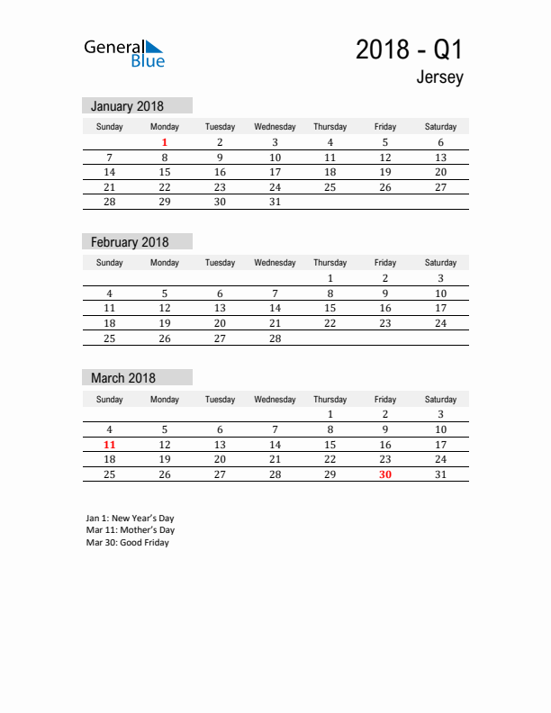 Jersey Quarter 1 2018 Calendar with Holidays