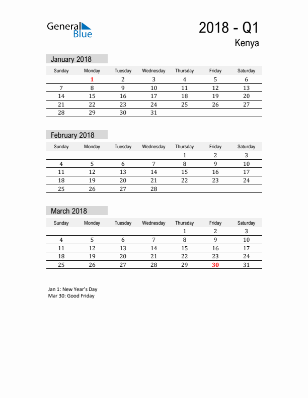 Kenya Quarter 1 2018 Calendar with Holidays