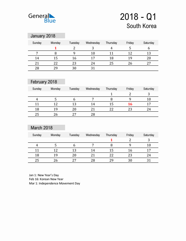 South Korea Quarter 1 2018 Calendar with Holidays