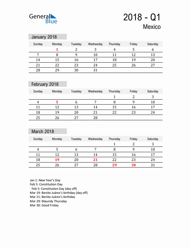 Mexico Quarter 1 2018 Calendar with Holidays