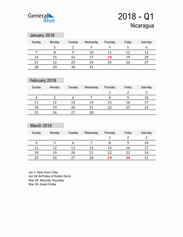 Nicaragua Quarter 1 2018 Calendar with Holidays