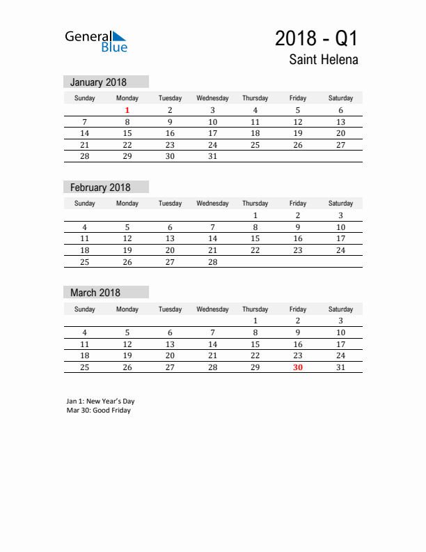 Saint Helena Quarter 1 2018 Calendar with Holidays