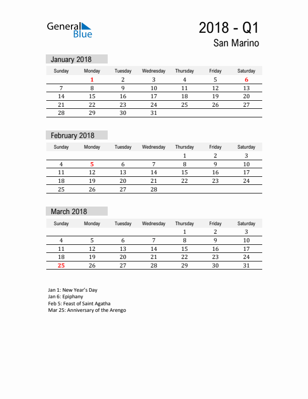San Marino Quarter 1 2018 Calendar with Holidays