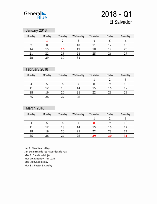 El Salvador Quarter 1 2018 Calendar with Holidays