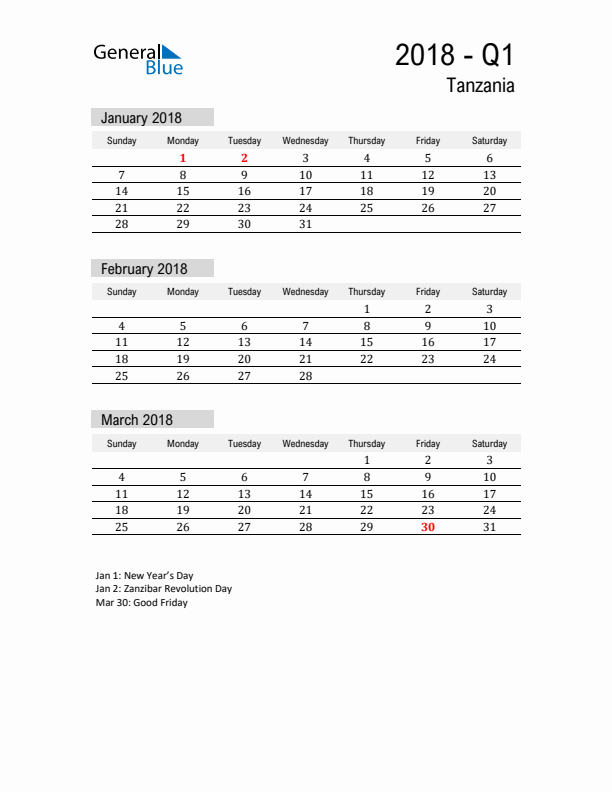 Tanzania Quarter 1 2018 Calendar with Holidays