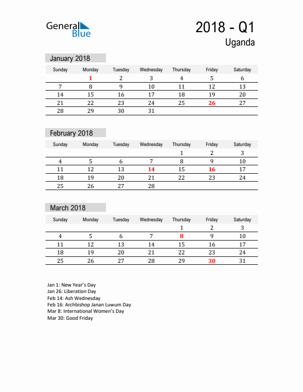 Uganda Quarter 1 2018 Calendar with Holidays