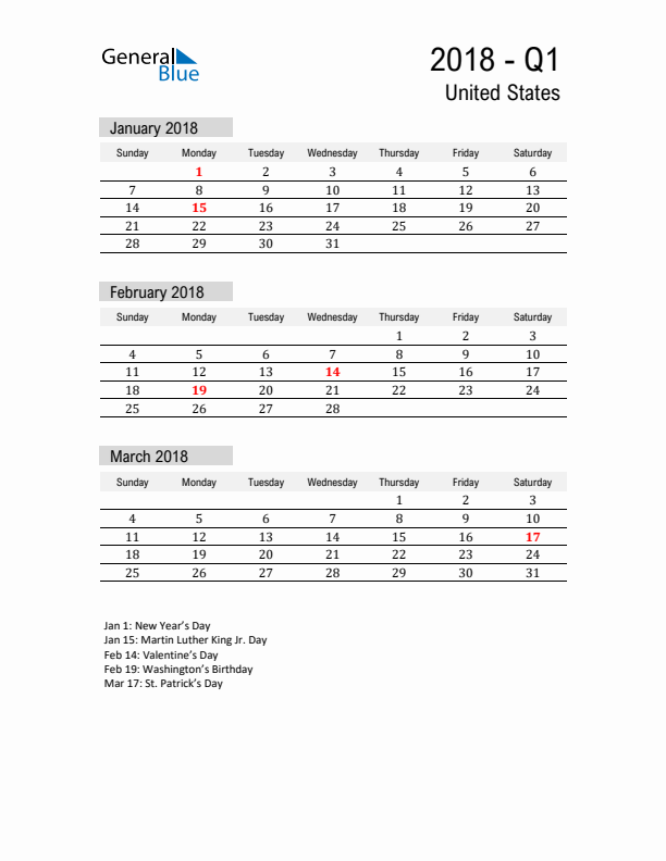 United States Quarter 1 2018 Calendar with Holidays