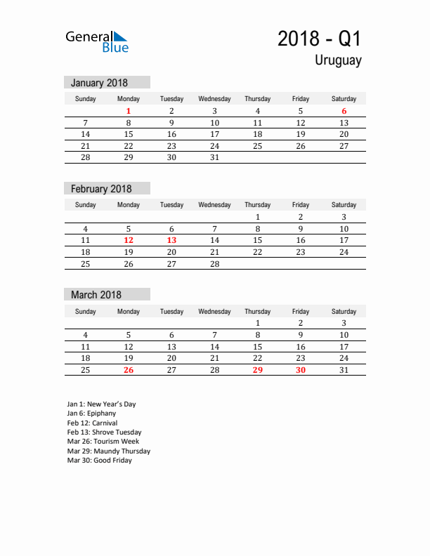 Uruguay Quarter 1 2018 Calendar with Holidays