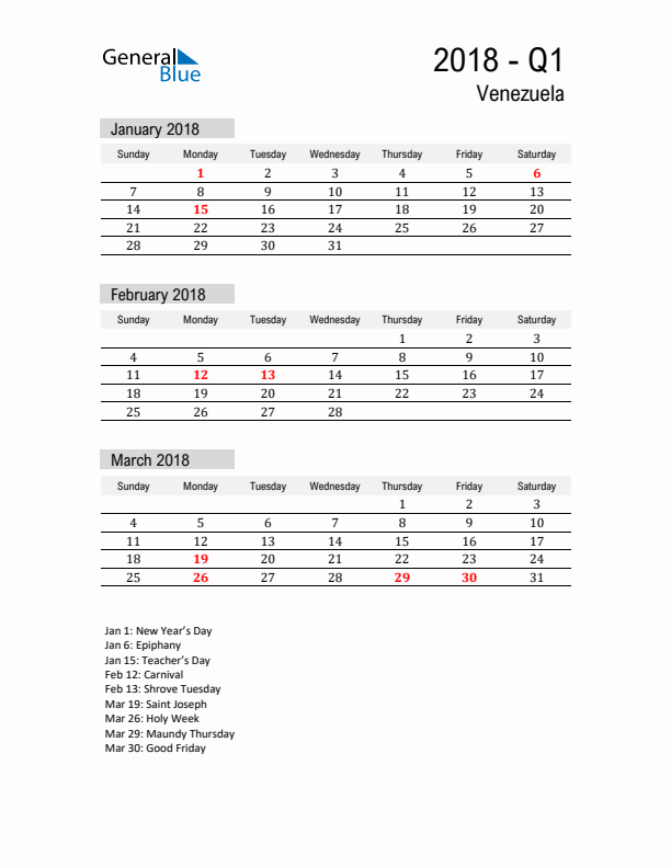 Venezuela Quarter 1 2018 Calendar with Holidays