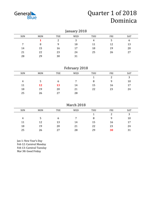  2018 Dominica Quarterly Calendar