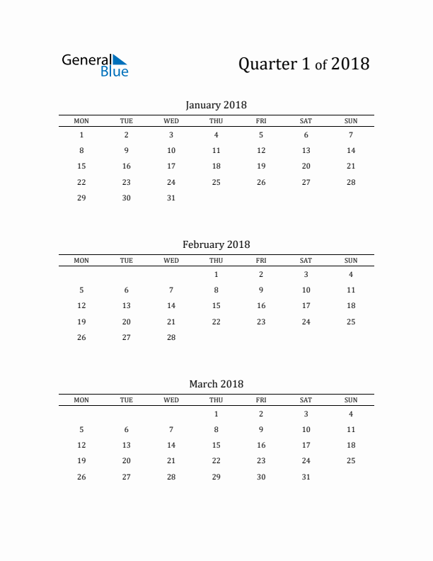 2018 Three-Month Calendar with Monday Start - Quarter 1