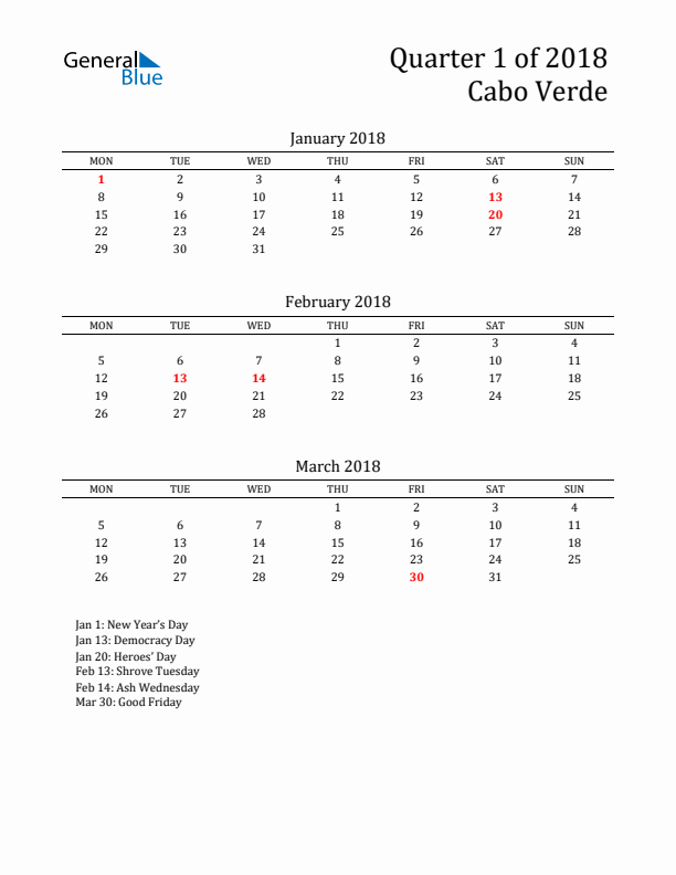 Quarter 1 2018 Cabo Verde Quarterly Calendar