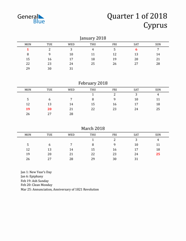 Quarter 1 2018 Cyprus Quarterly Calendar