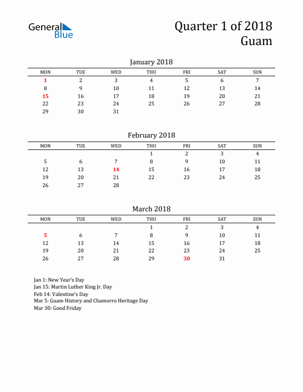 Quarter 1 2018 Guam Quarterly Calendar