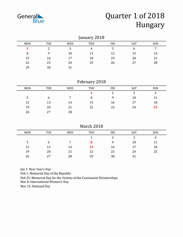 Quarter 1 2018 Hungary Quarterly Calendar