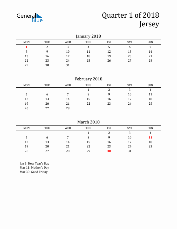 Quarter 1 2018 Jersey Quarterly Calendar
