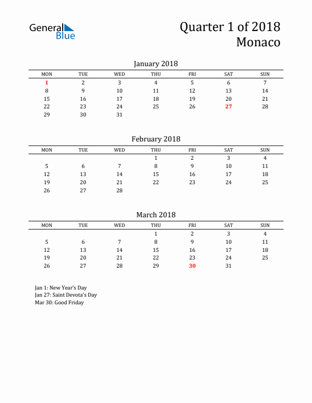 Quarter 1 2018 Monaco Quarterly Calendar