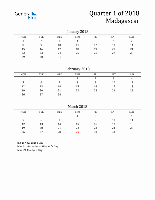 Quarter 1 2018 Madagascar Quarterly Calendar