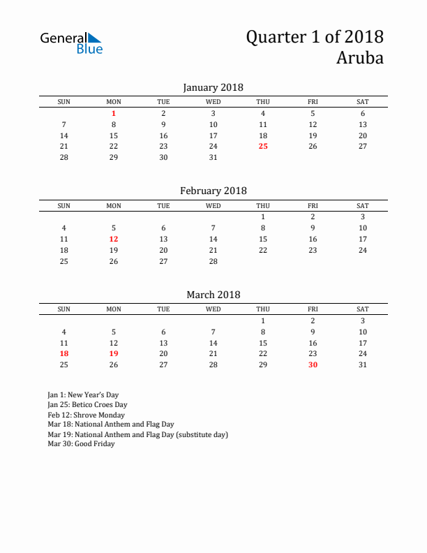 Quarter 1 2018 Aruba Quarterly Calendar