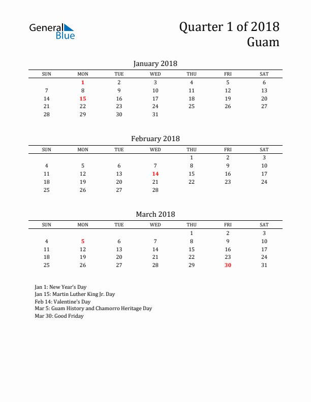 Quarter 1 2018 Guam Quarterly Calendar