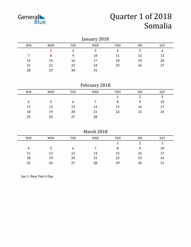 Quarter 1 2018 Somalia Quarterly Calendar